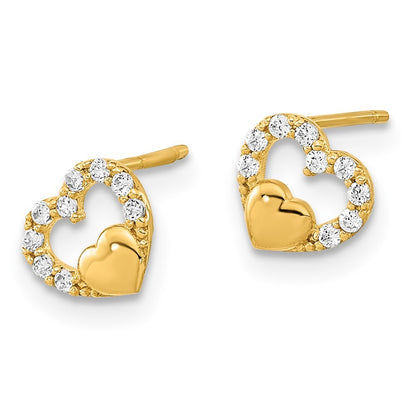 14k Yellow Gold Polished Cut Out Heart Cubic Zirconia Stud Earrings
