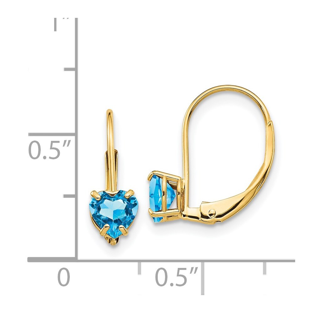 14k Yellow Gold 5mm Heart Blue Topaz Dangle Earrings Leverback Gift for Women
