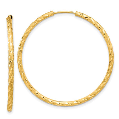 14k Yellow Gold Polished and Satin Diamond-Cut 2mm Endless Hoop Earrings
