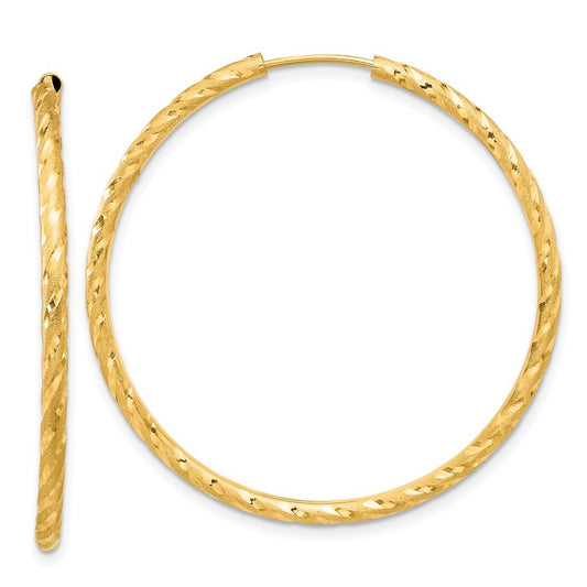 14k Yellow Gold Polished and Satin Diamond-Cut 2mm Endless Hoop Earrings