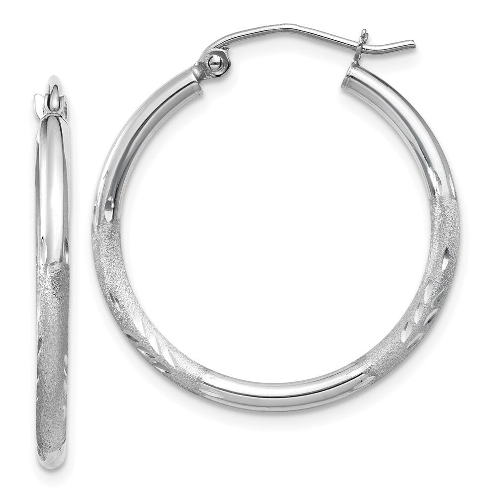14k White Gold Satin and Diamond-cut 2mm Round Hoop Earrings Gift for Women