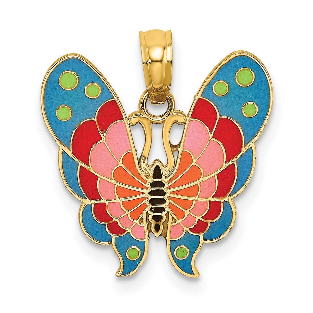 14k Yellow Gold  Multi-Color Enamel Butterfly Charm Pendant for Women
