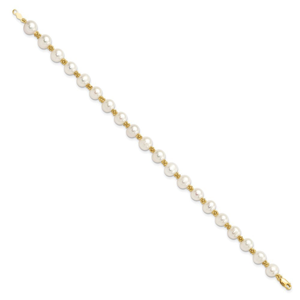 14k Yellow Gold 6-7mm White Round Freshwater Cultured Pearl 7.25 inch Bracelet