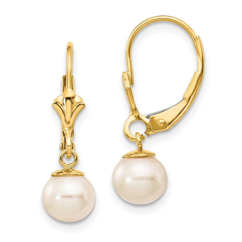 14k Yellow Gold 6-7mm Round Freshwater Cultured Pearl Dangle Leverback Earrings