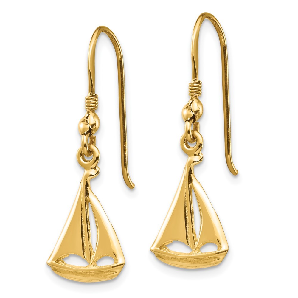 14k Yellow Gold Sailboat Drop Dangle Earrings w/ Shepherd Hook