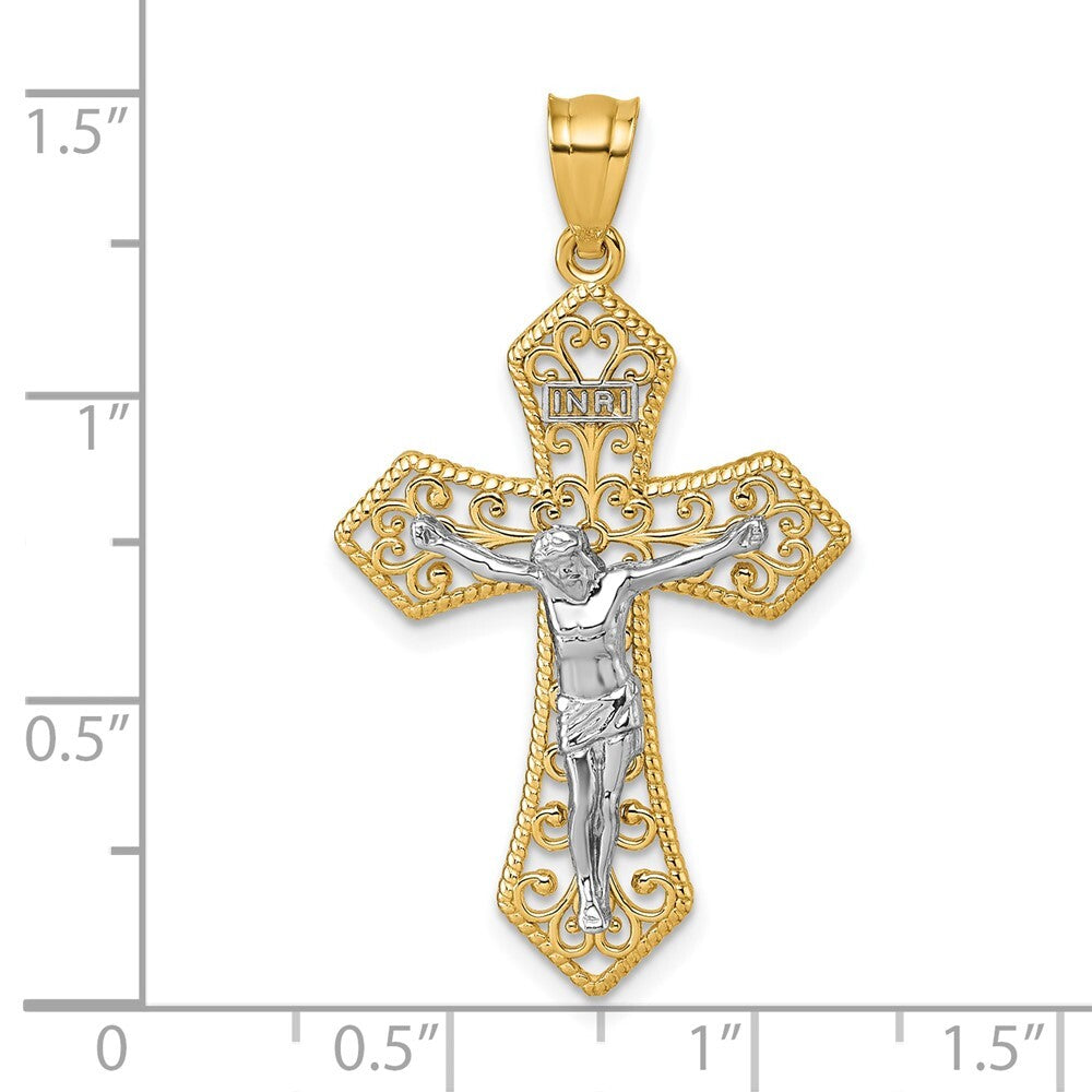 14k Two-tone Gold Polished And Beaded Fancy Crucifix Pendant for Women