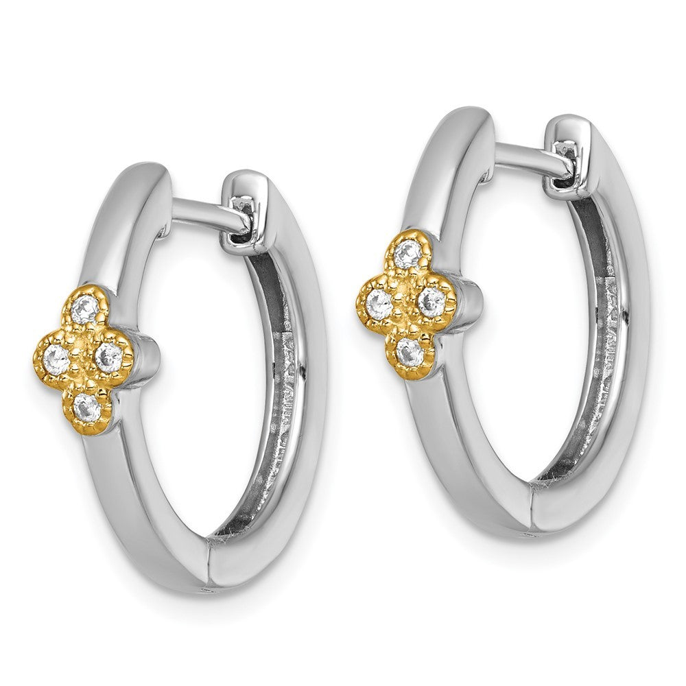 Sterling Silver Rhodium-plated with 14k Accent Polished CZ Hinged Hoop Earrings