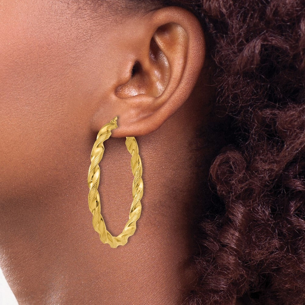 Sterling Silver Gold Flash Plated Patterned Twisted 4x45mm Hoop Earrings