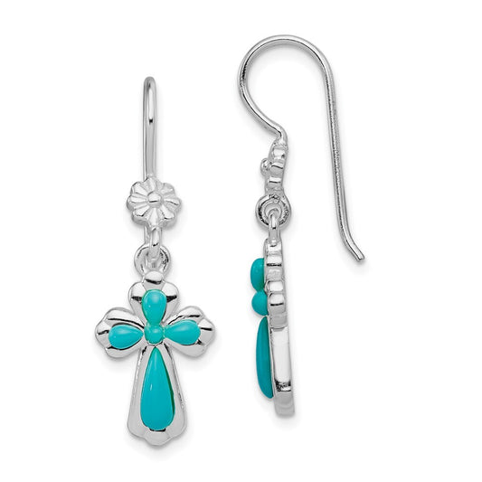 Sterling Silver Polished Imitation Turquoise Cross & Flower Dangle Earrings