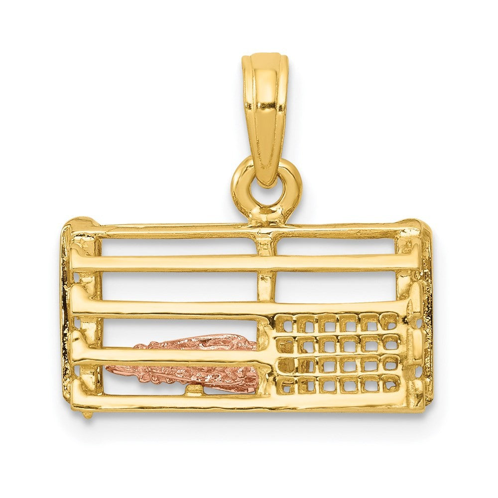 14K Two-tone Gold Polished 3-D Lobster Trap Pendant