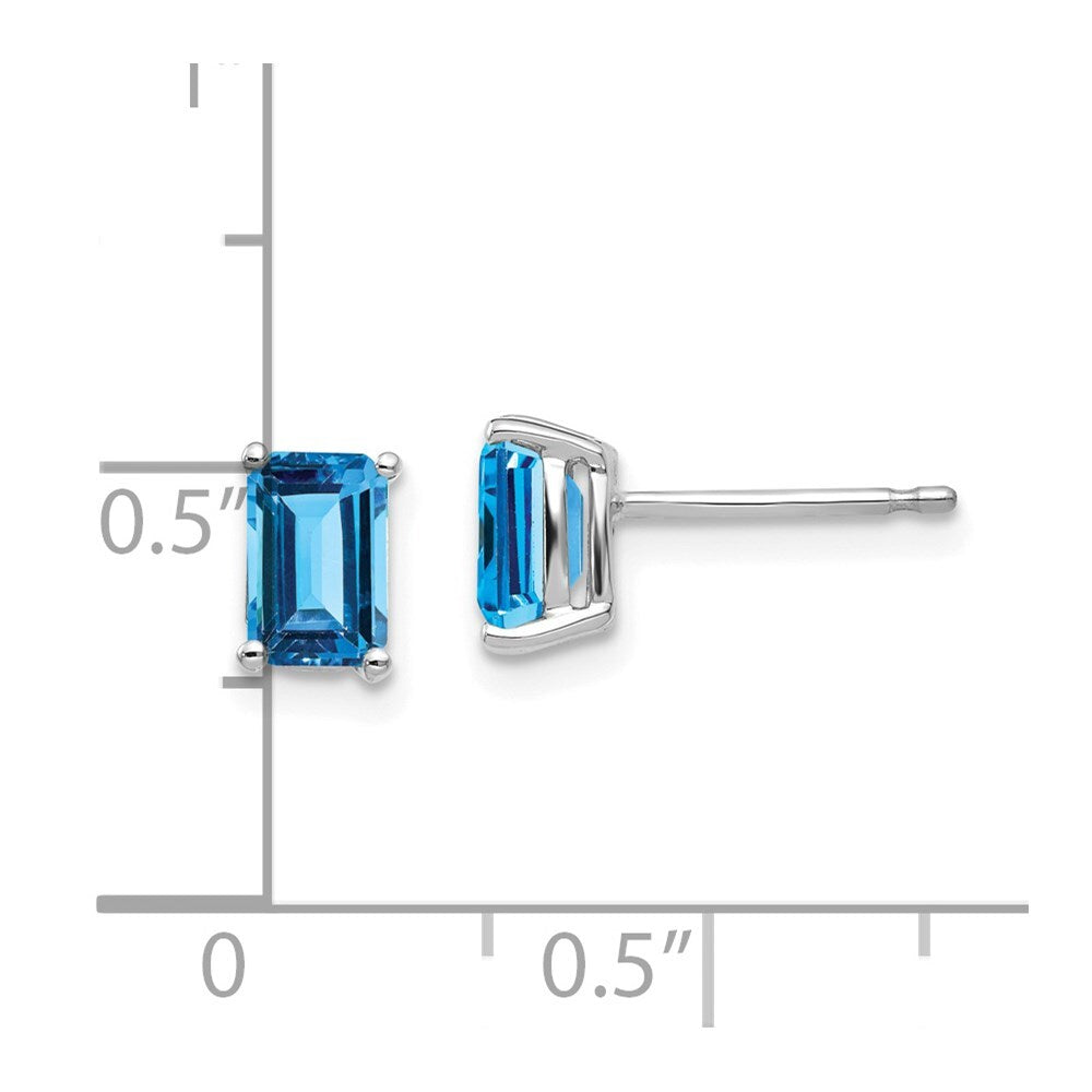14k White Gold 6x4mm Emerald Cut Blue Topaz Stud Earrings Gift for Women