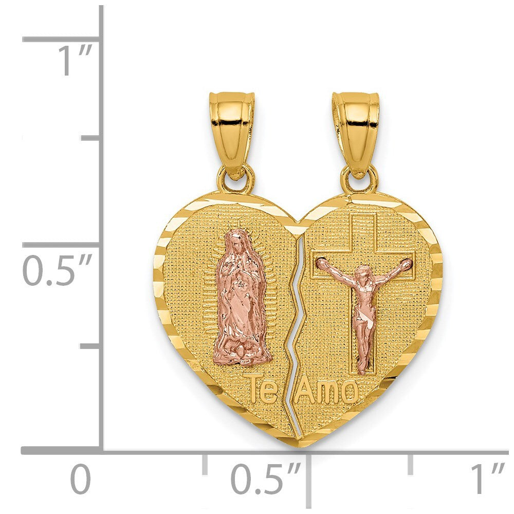 14k Two-tone Gold  Reversible Lady of Guadalupe&Crucifix Breakapart Pendant