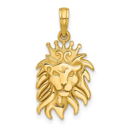 14k Yellow Gold Polished Lion Head with Crown Pendant for Women