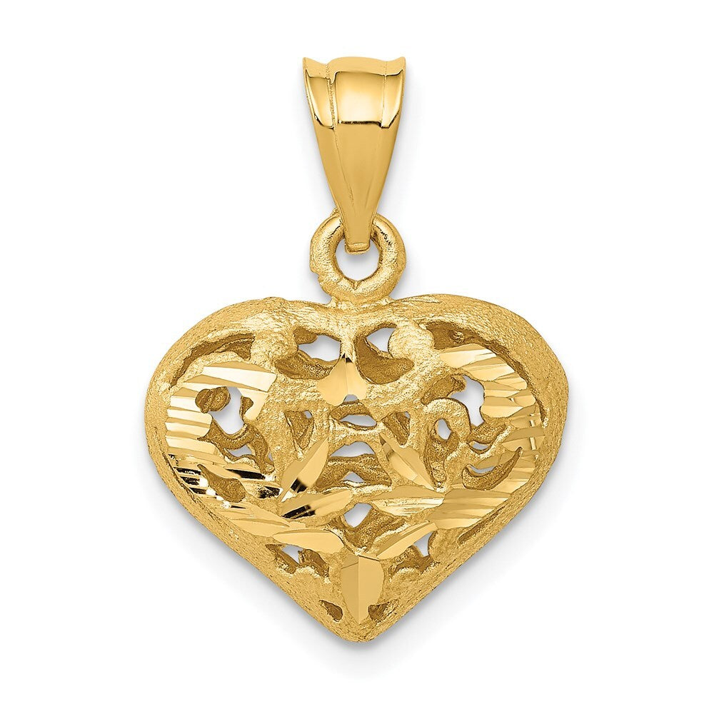 14k Yellow Gold Polished 3-D Filigree Puffed Heart Pendant for Women