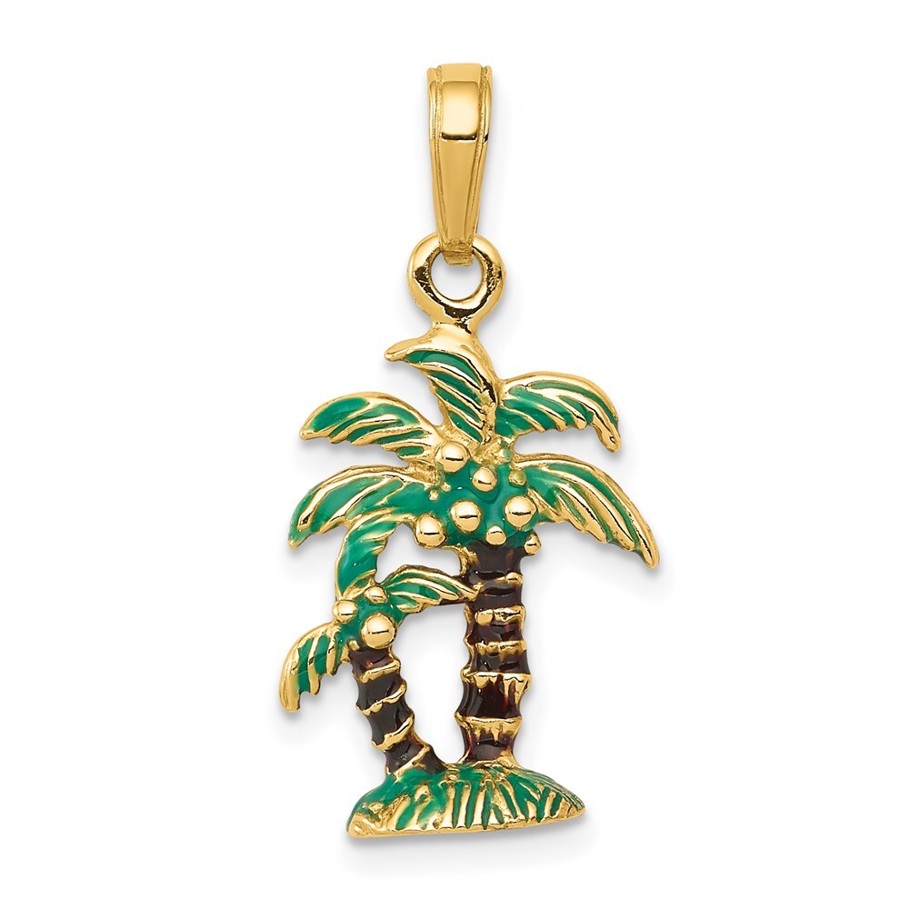 14k Yellow Gold 3D Enameled Palm Trees Pendant for Women