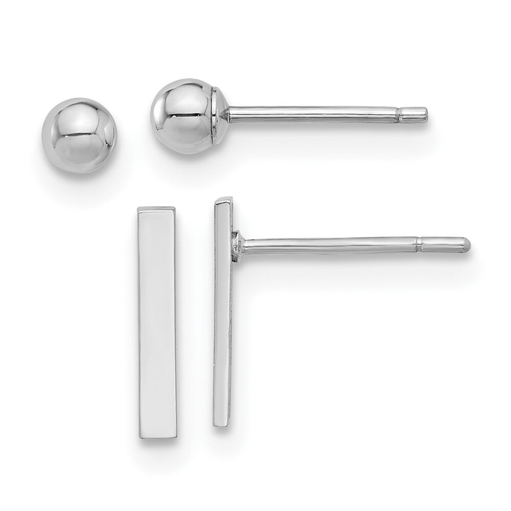 14K White Gold Polished 3mm Ball and Bar Earring Set Gift for Women