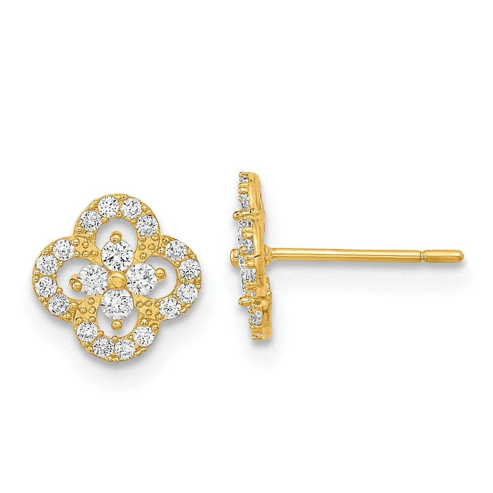 14k Yellow Gold Polished Flower Cubic Zirconia Stud Earrings Gift for Women