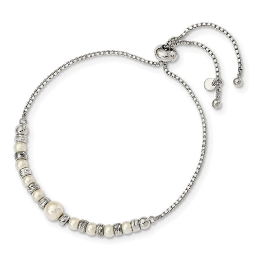 Sterling Silver RH-plated Diamond-Cut Beads Glass Pearl Adjustable Bracelet