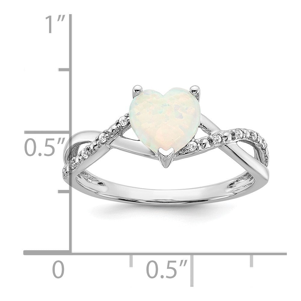 14k White Gold Created Opal and Diamond Heart Ring Size 7