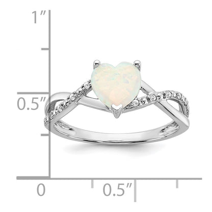 14k White Gold Created Opal and Diamond Heart Ring Size 7