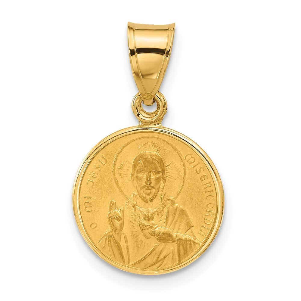 14k Yellow Gold Polished and Satin Solid Sacred Heart of Jesus Medal Pendant
