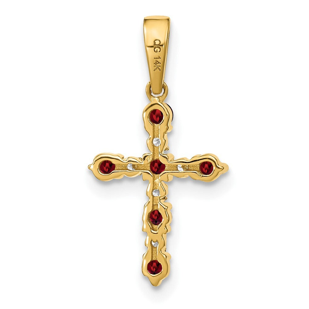 14k Yellow Gold Garnet and Diamond Cross Pendant for Women