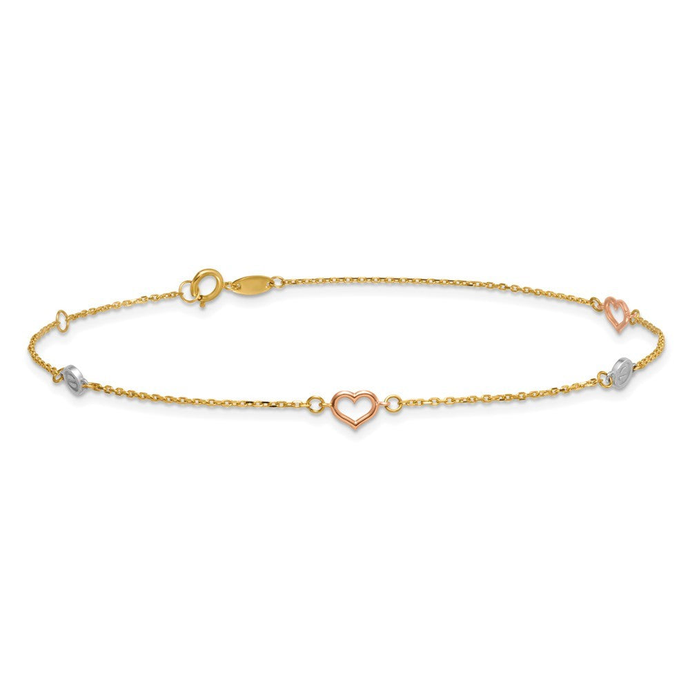 14k Tri-color Polished Hearts and Circles 10" Anklet