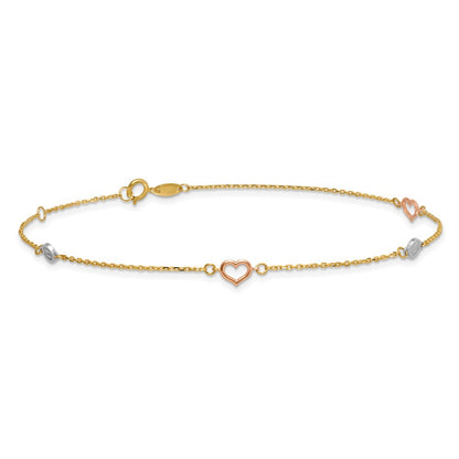 14k Tri-color Polished Hearts and Circles 10" Anklet