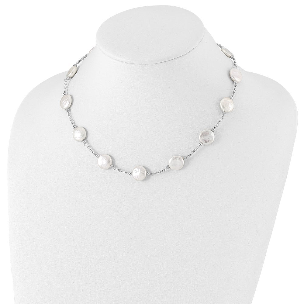 Sterling Silver 12-13mm White Coin Cultured Pearl 13-station 18" Necklace
