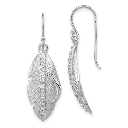 Sterling Silver RH-plated Cubic Zirconia Textured Feather Shepherd Hook Earrings