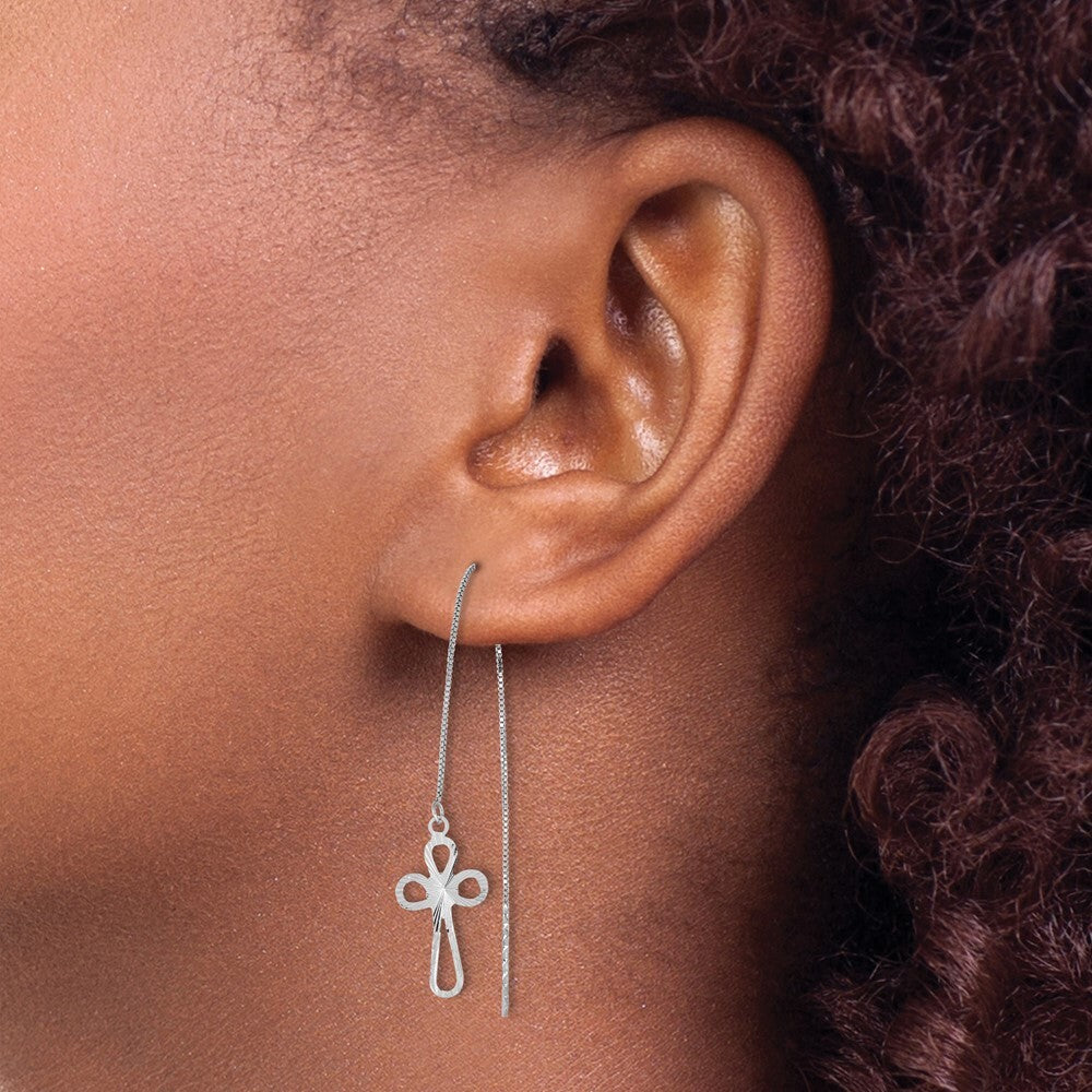 14K White Gold Polished Diamond-cut Box Chain Cross Threader Earrings