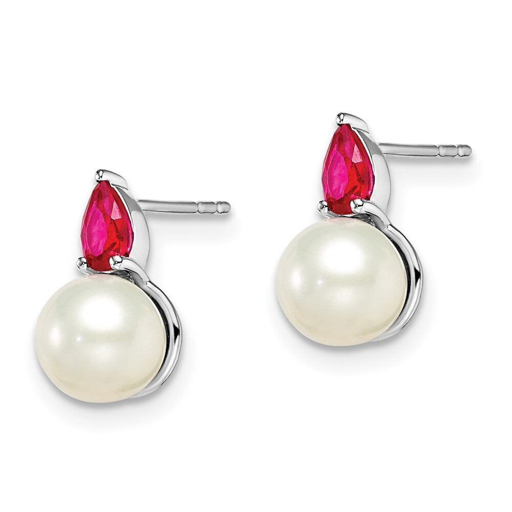 14k White Gold FWC Pearl and Ruby Stud Earrings