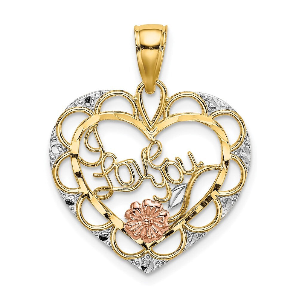14k Two-tone Gold Two-one White Rhodium I LOVE YOU Heart  Flower Charm Pendant