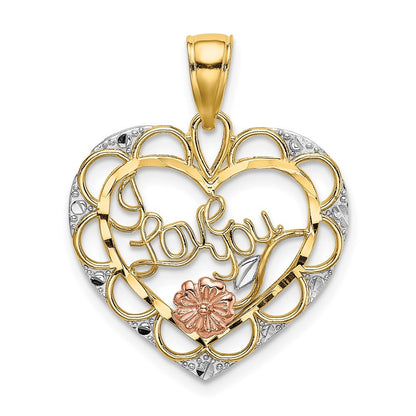 14k Two-tone Gold Two-one White Rhodium I LOVE YOU Heart  Flower Charm Pendant