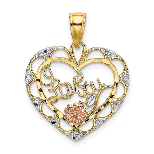 14k Two-tone Gold Two-one White Rhodium I LOVE YOU Heart  Flower Charm Pendant