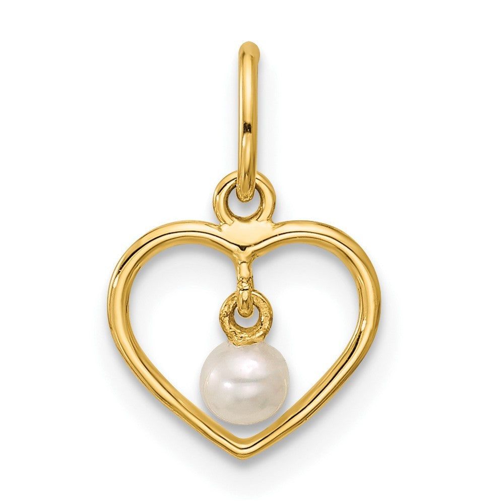 14k Yellow Gold Polished Freshwater Cultured Pearl Dangle in Heart Pendant