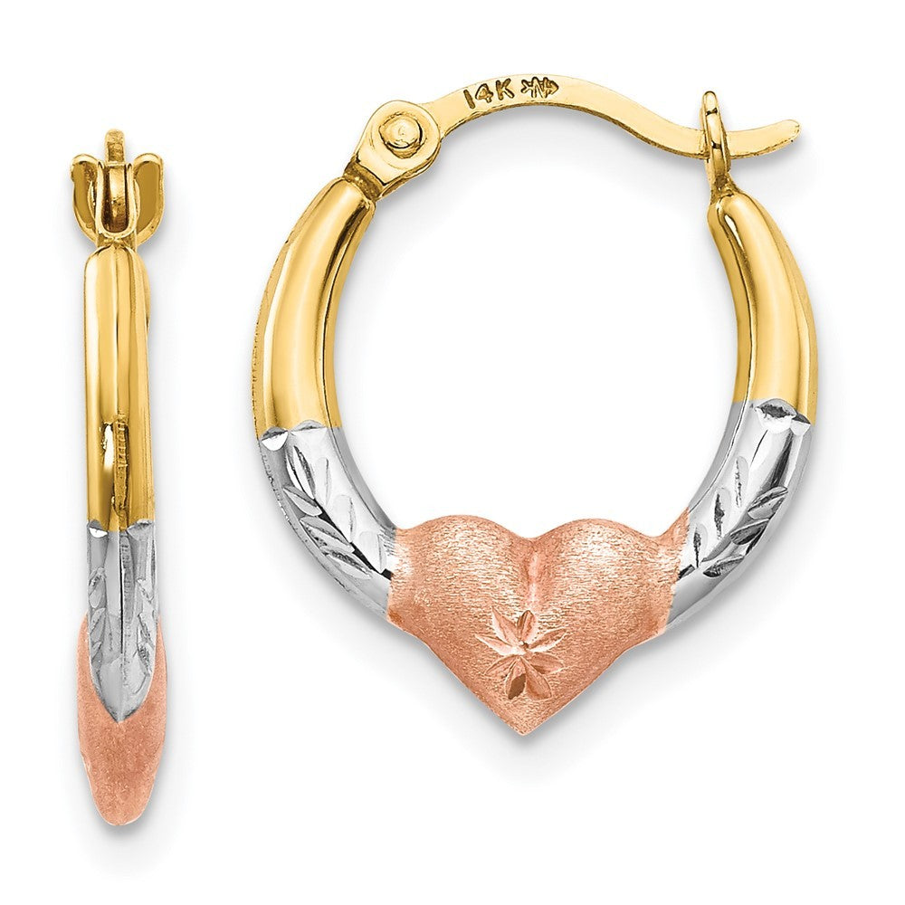 14k Yellow Gold w/Rose and White Rhodium Heart Hoop Earrings