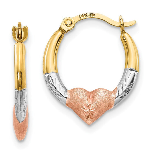 14k Yellow Gold w/Rose and White Rhodium Heart Hoop Earrings
