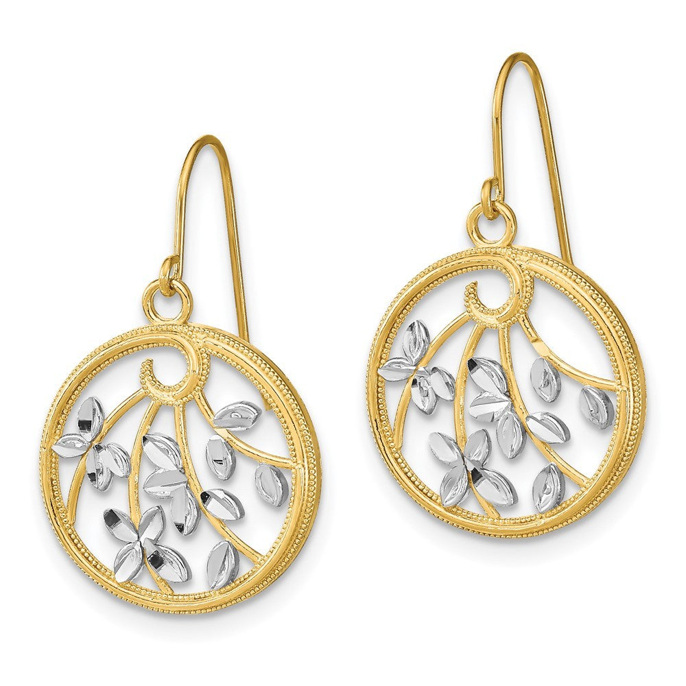 14k Yellow Gold w/Rhodium Diamond-Cut Leaves Round Dangle Earrings