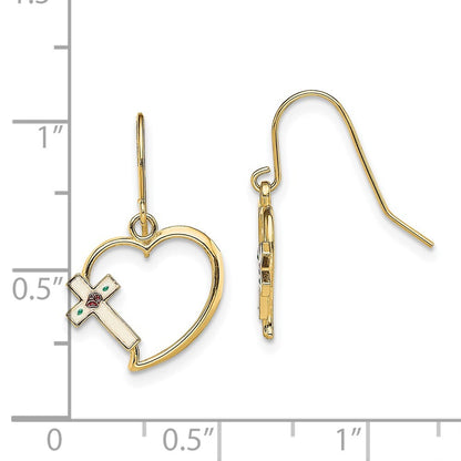 14k Yellow Gold Enamel Cross Heart Dangle Earrings Gift for Women