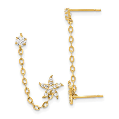 14k Yellow Gold Cubic Zirconia Double Chain Starfish Earring Gift for Women