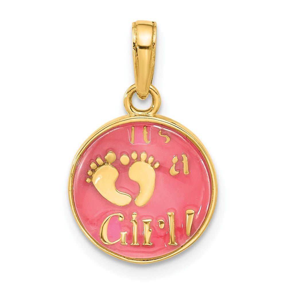 14k Yellow Gold Polished with Pink Enamel Clear Epoxy Resin It's A Girl Pendant