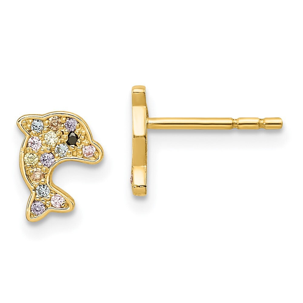 14k Yellow Gold Multi-colored Cubic Zirconia Dolphin Stud Earrings