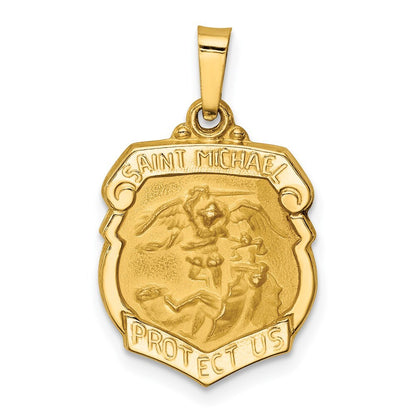 14k Yellow Gold Polished and Satin St Michael Badge Medal Hollow Pendant