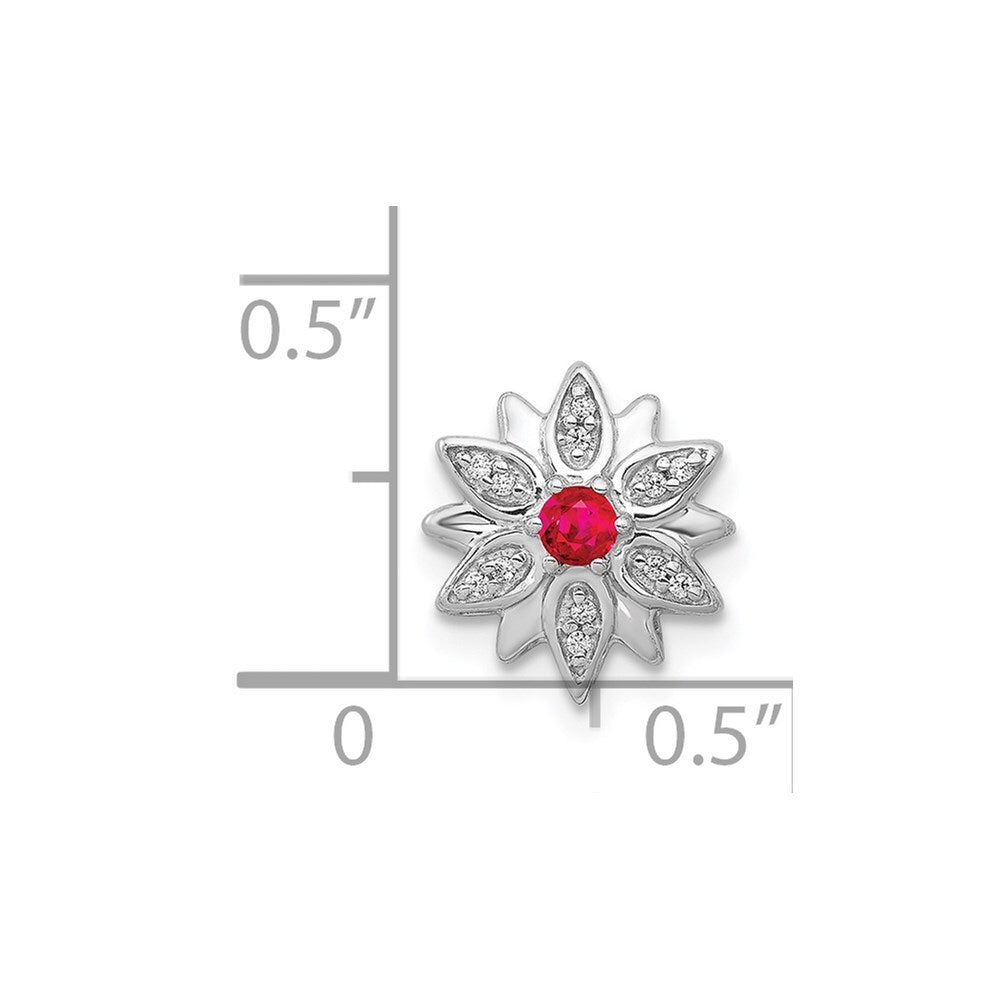 14k White Gold 1/20ct. Diamond and Ruby Flower Chain Slide Pendant for Women