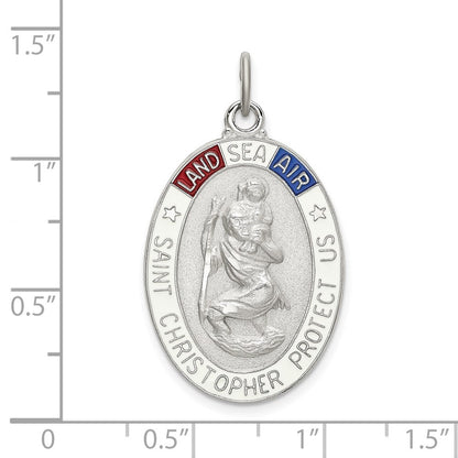 Sterling Silver Satin Polished Diamond-Cut Enamel St Christopher Medal