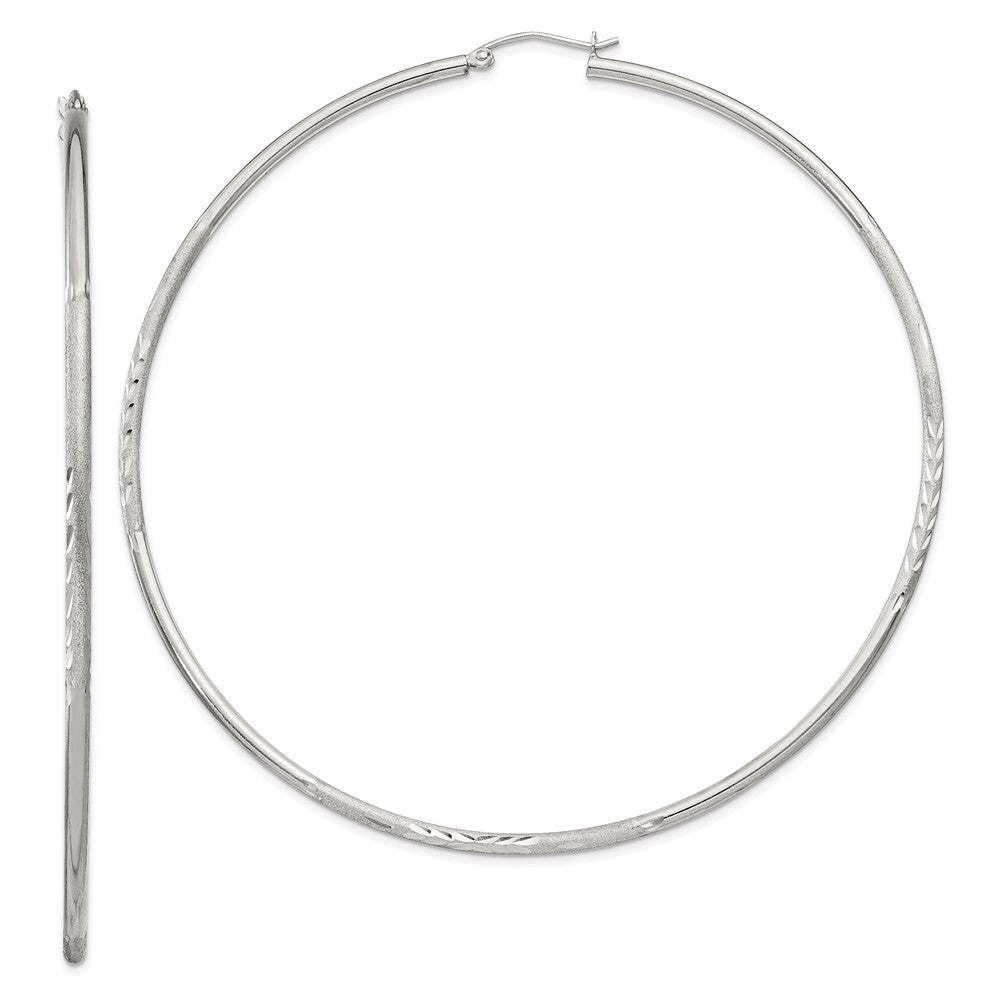 Sterling Silver 2mm Polished/Satin Diamond-cut Hoop Earrings