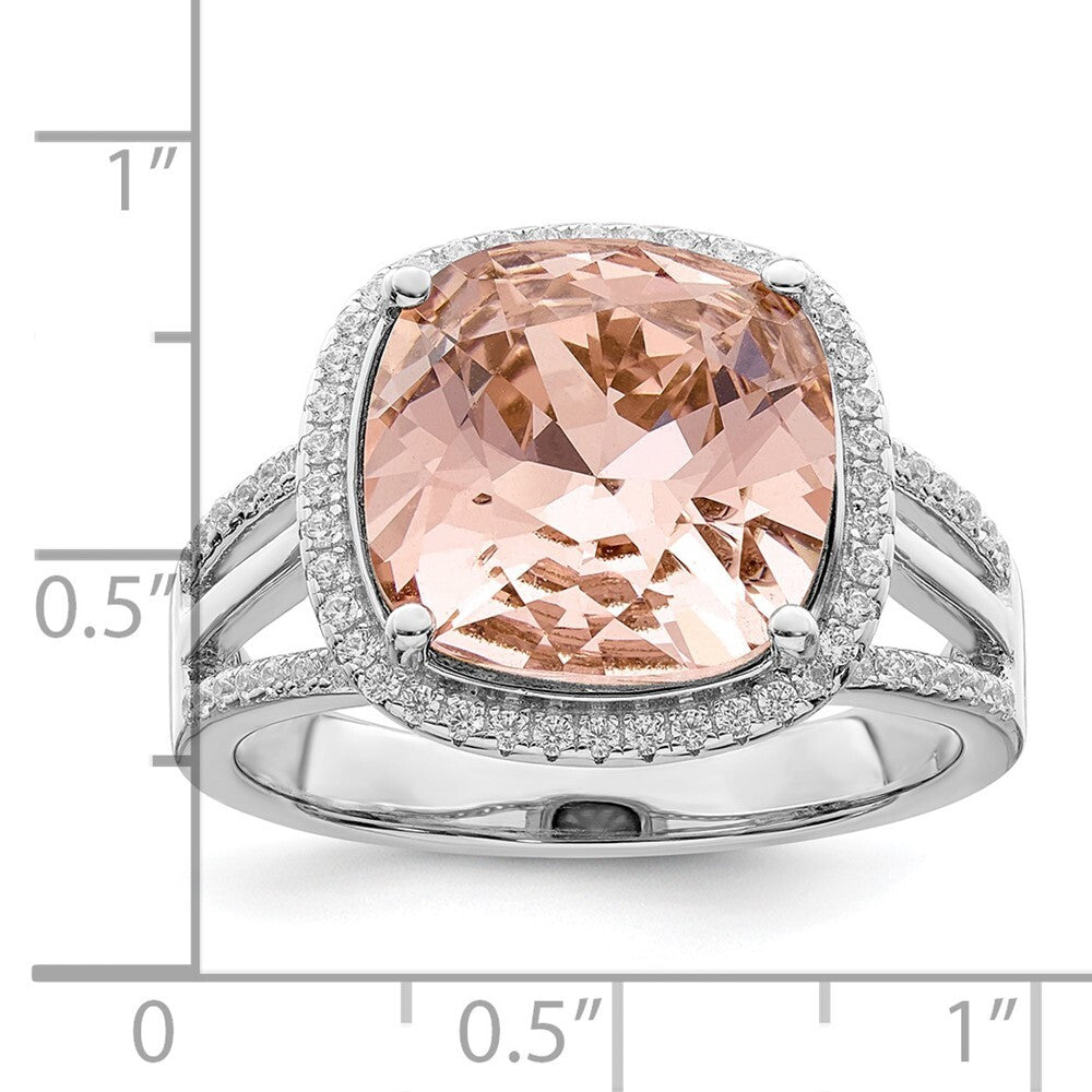 Sterling Silver Rhodium-plated Polished CZ & Peach Crystal Ring Size 6