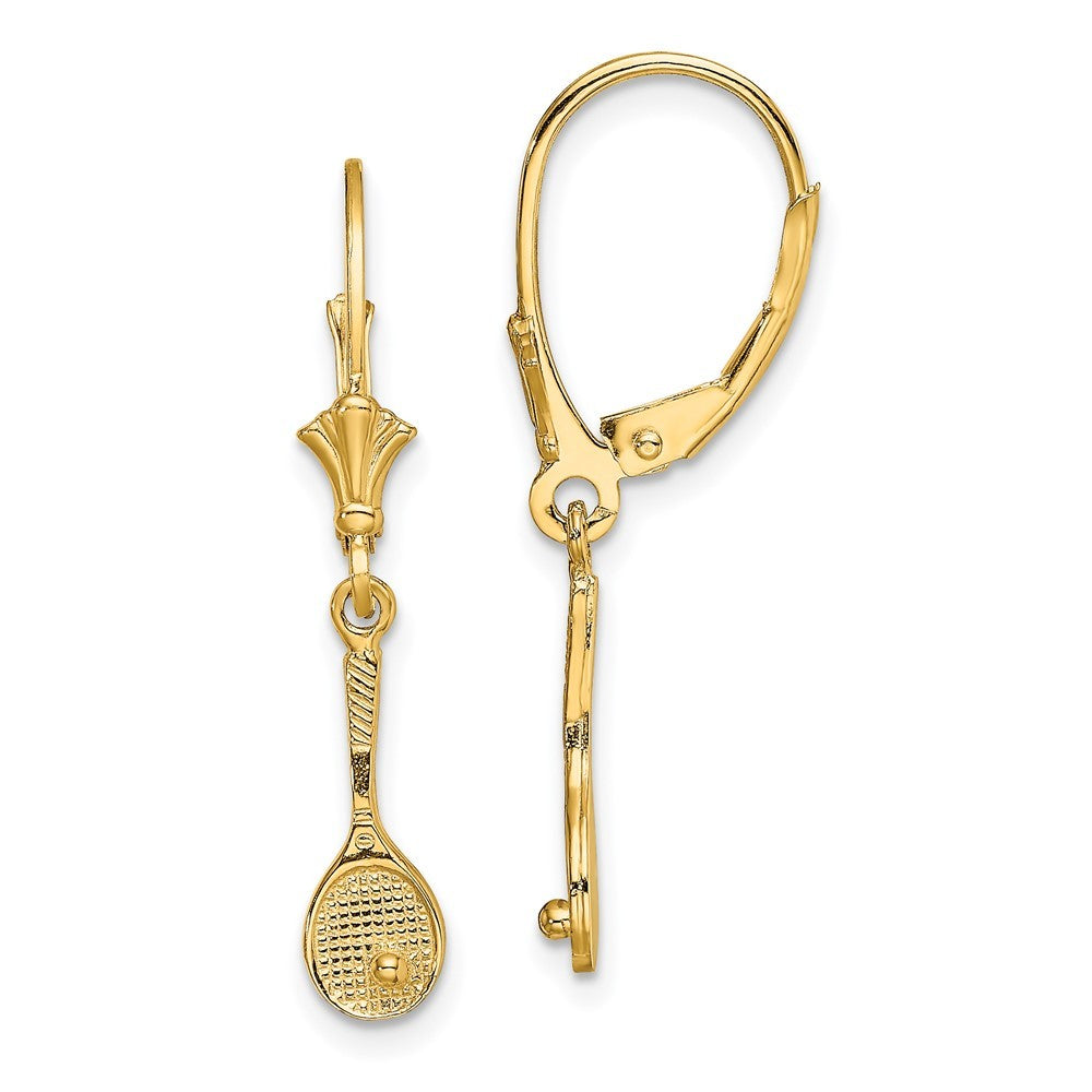 14k Yellow Gold Polished Tennis Racquet w/ Ball Drop Dangle Earrings