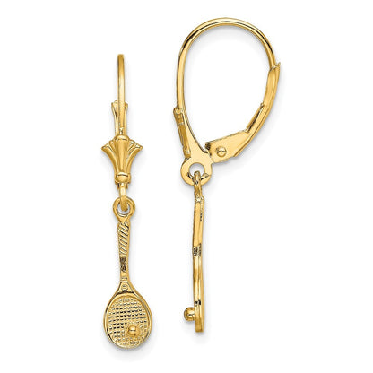 14k Yellow Gold Polished Tennis Racquet w/ Ball Drop Dangle Earrings